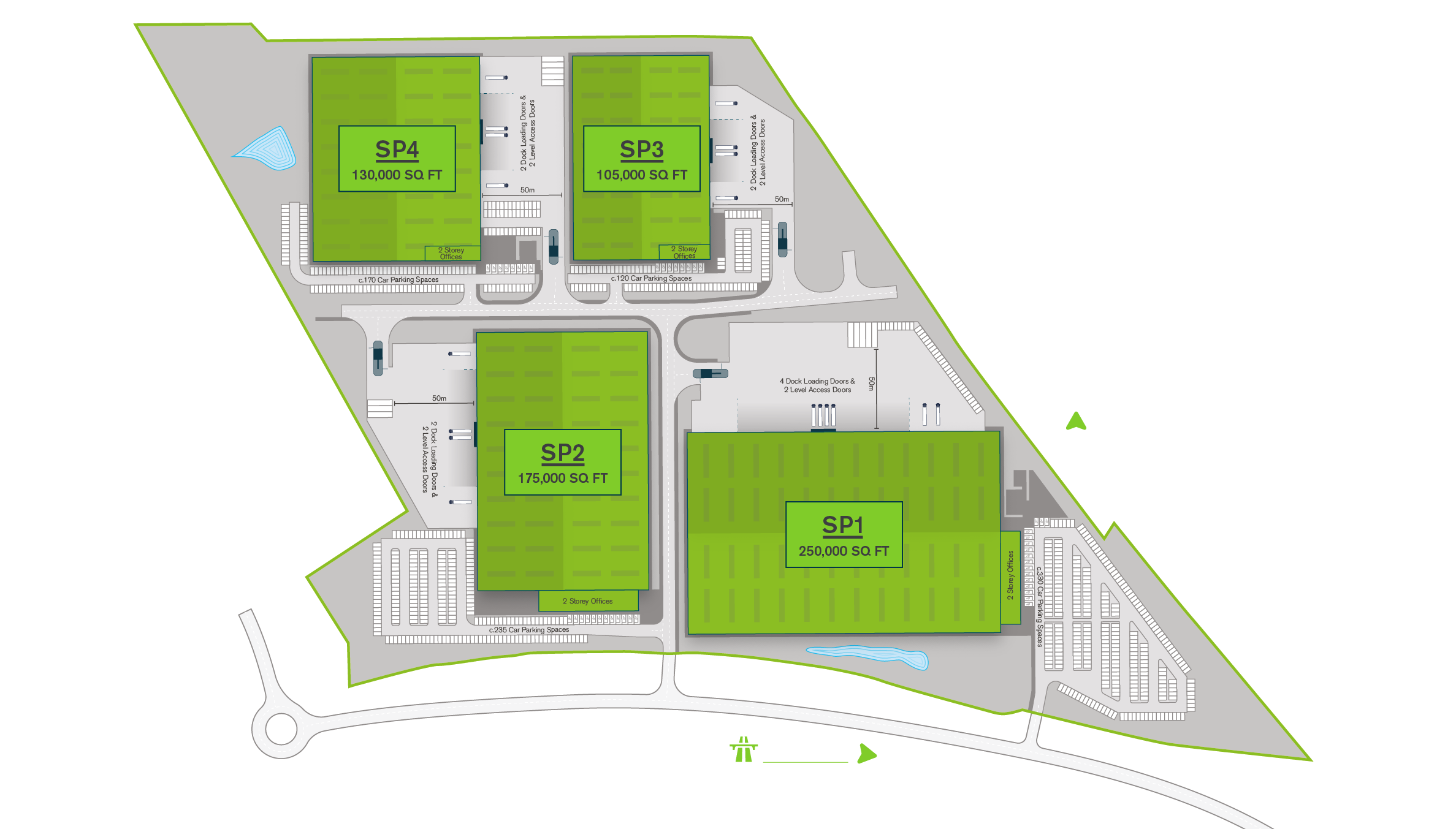 Masterplan Option 1 — SP1 250,000 sq ft, SP2 175,000 sq ft, SP3 105,000 sq ft, SP4 130,000 sq ft