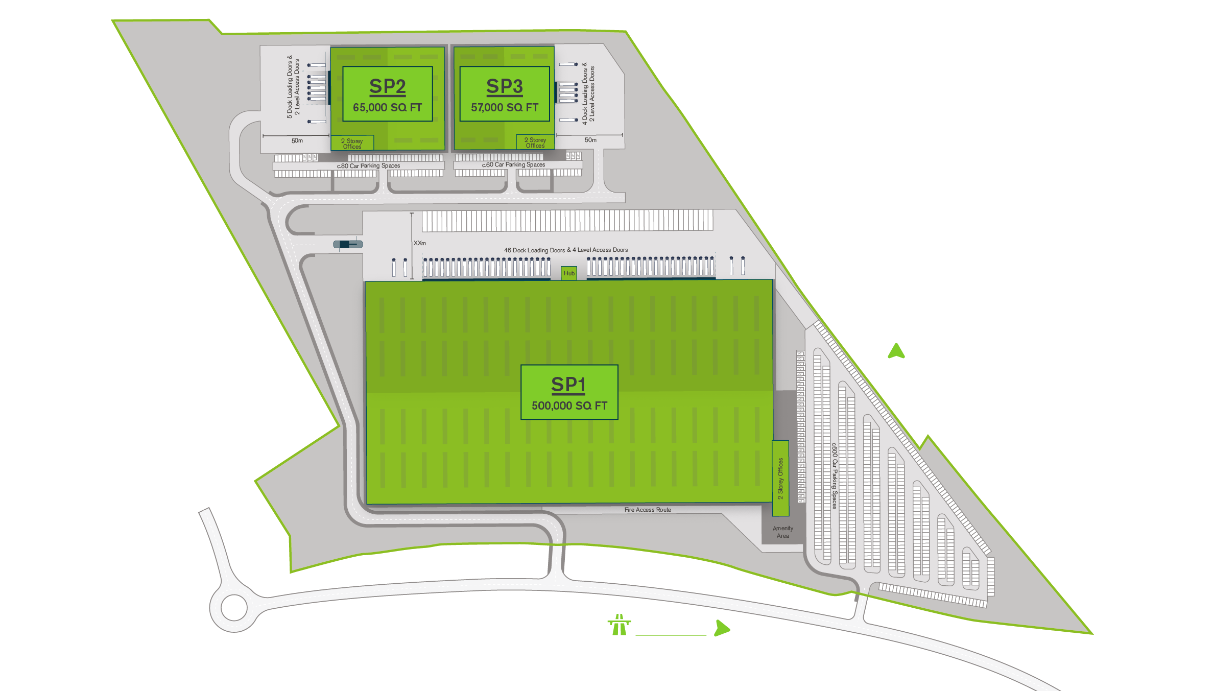 Masterplan Option 2 — SP1 500,000 sq ft, SP2 65,000 sq ft, SP3 92,000 sq ft